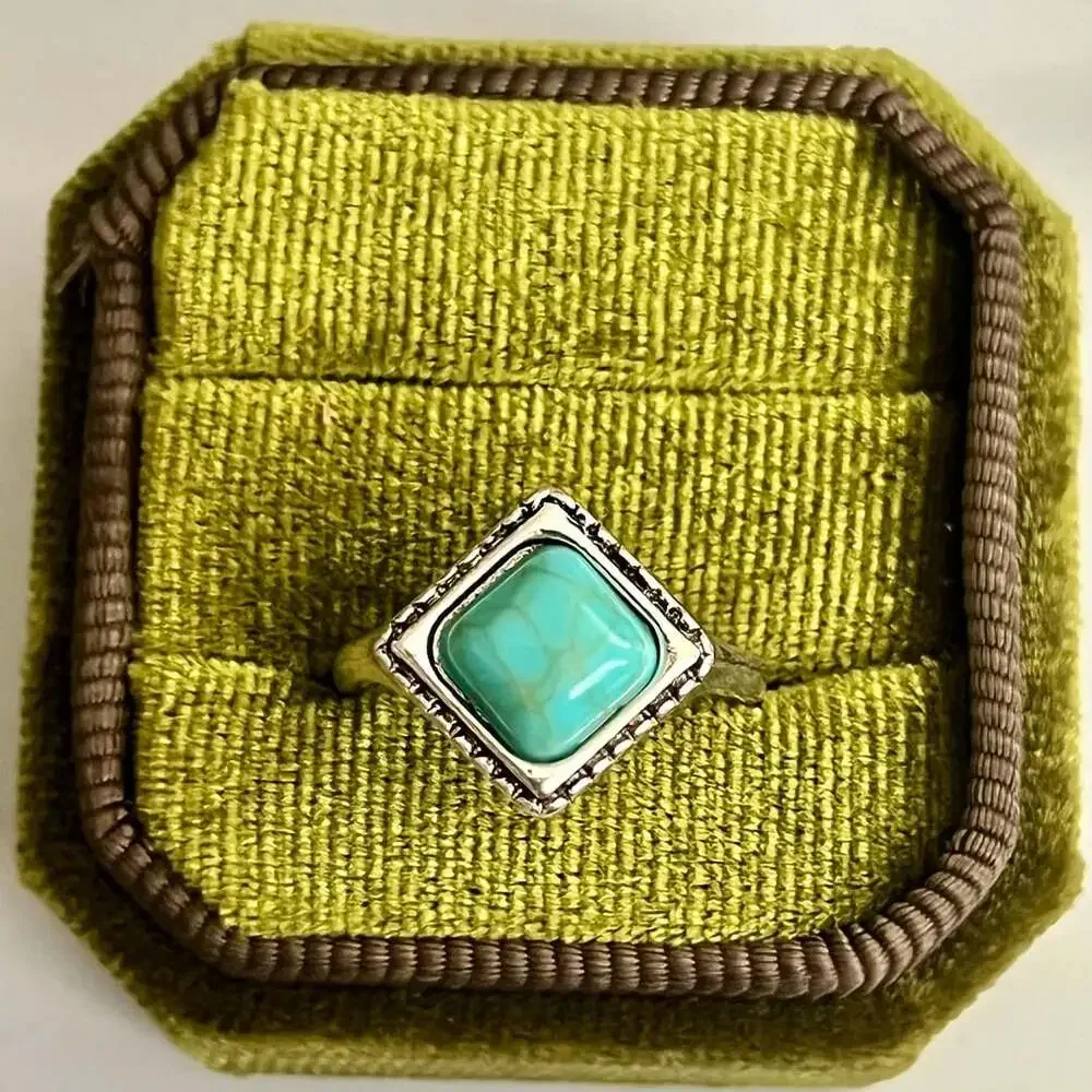 Bohemian Style Turquoise Square Titanium Steel Statement Ring Size 6